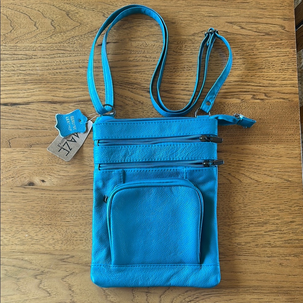 NWT Teal Blue Leather Crossbody purse, multiple compartments, adjustable strap